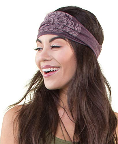 Soul Flower Women's Mauve Mandala Boho Headband, Raw Edges, Purple Organic Cotton Stretchy Wide Half Bandeau Accessory