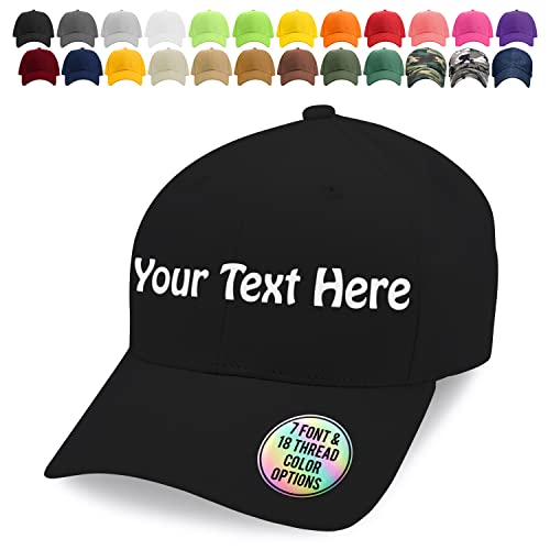 Custom Embroidered Baseball Cap for Men & Women - Your Text or Initials - 24 Cap Colors, 18 Thread Colors & 7 Fonts - Personalized Gifts for Him, Her - Black