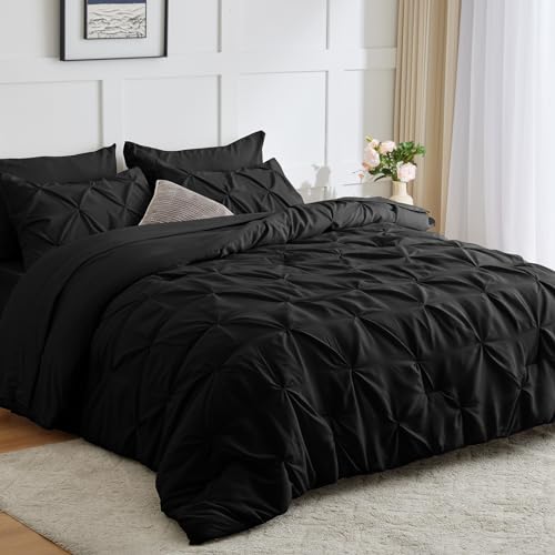 HIMEET Queen Bedding Set 7 Piece Queen Size Bed in a Bag Pintuck Queen Comforter Set Pinch Pleat Comforter Sets Black