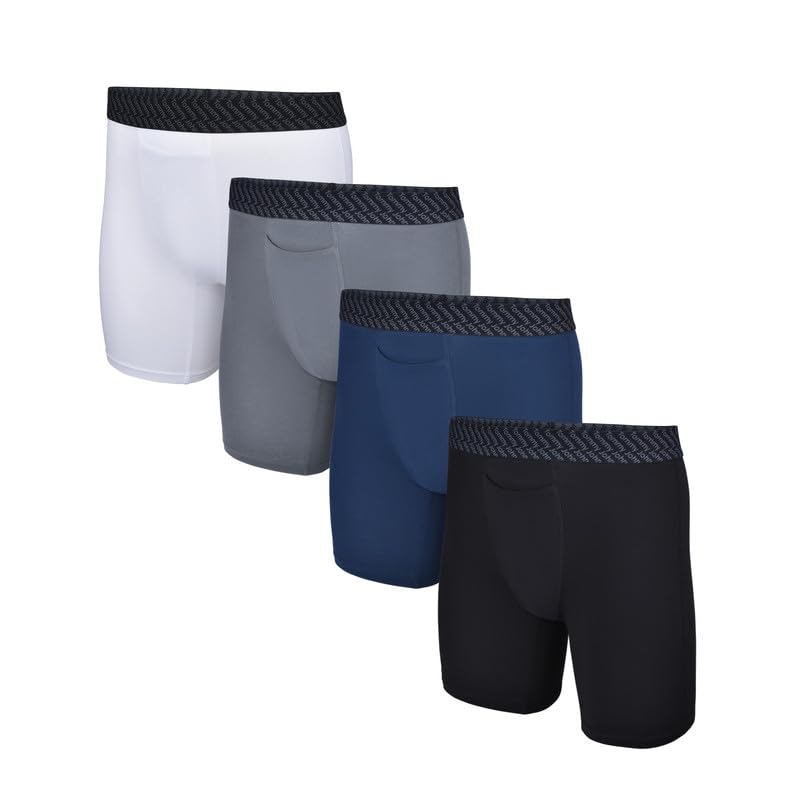 Tommy John Men’s Boxer Brief 8” - 4 pack - Underwear - Cotton Basics Boxers with Supportive Contour Pouch - Naturally Breathable Stretch Fabric, Black/White/Dress Blues/Turbulence, Medium