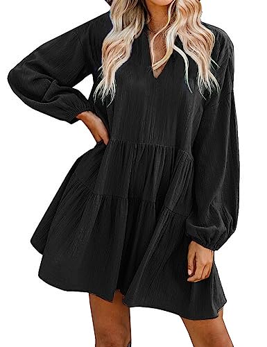 FANCYINN Womens Shift Tunic Dress Long Lantern Sleeves Babydoll V Neck Ruffle Swing Hem Maternity Dress Black XL