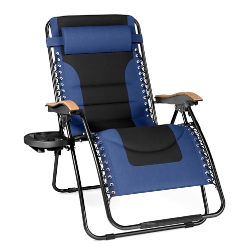 PHI VILLA XXL Oversized Padded Zero Gravity Chair, Foldable Patio Recliner, 30' Wide Seat Anti Gravity Lounger with Cup Holder, Support 400 LBS (Navy Blue)