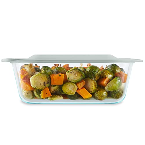 Pyrex Deep Glass Baking Dish with Plastic Lid, Deep Casserole Dish, Glass Food Container, Oven, Freezer and Microwave Safe, Clear Container, 8x8
