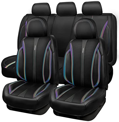 CAR Pass Nappa Leather Car Seat Covers, Durable Waterproof Luxury Universal for SUV Pick-up Truck Sedan, Anti-Slip Driver 5 Seats Covers Full Set with Backrest (Black Chameleon Iridescent Reflective)