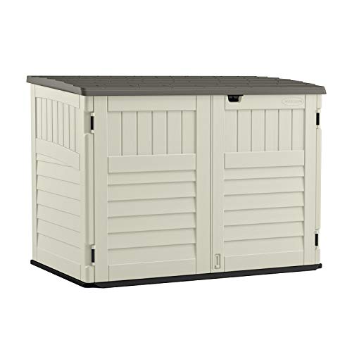 Suncast 5.9 ft. x 3.7 ft Horizontal Stow-Away Storage Shed - Natural Wood-like Outdoor Storage for Trash Cans and Yard Tools - All-Weather Resin, Hinged Lid, Reinforced Floor - Vanilla and Stoney