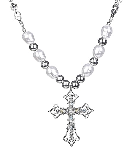 Girlssory Vintage Celtic Rhinestone Cross Long Pendant Necklace Pearl Beaded Choker Necklace Silver for Women and Girls