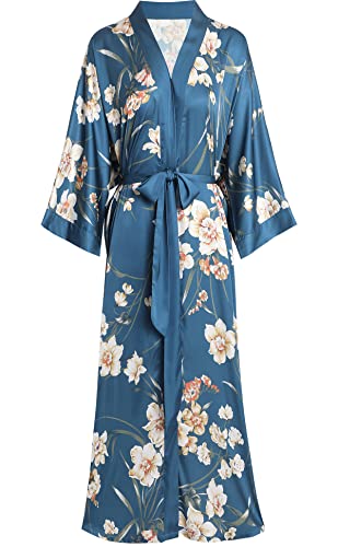 Aensso Long Soft Lightweight Silk y Kimonos Robes for Women, Luxury Japanese Floral Womens Kimono Robe (Indigo)