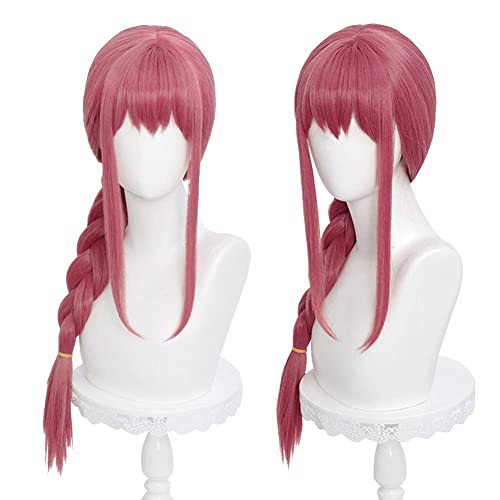 Uniquebe Long Pink Red Cosplay Wig Braid Wigs with Bangs & Wig Cap for Women Girls Cos, Anime Heat Resistant Synthetic Hair Photo Prop for Halloween Costume Party (27.5 Inch)