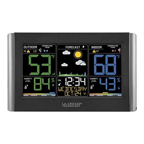 La Crosse Technology Weather Station with Customizable Alerts, Weather Forecast, Temperature, Dew Point, Humidity, Time, Heat Index, Large Display, Adjustable Brightness, Wireless, Black, C85845-INT