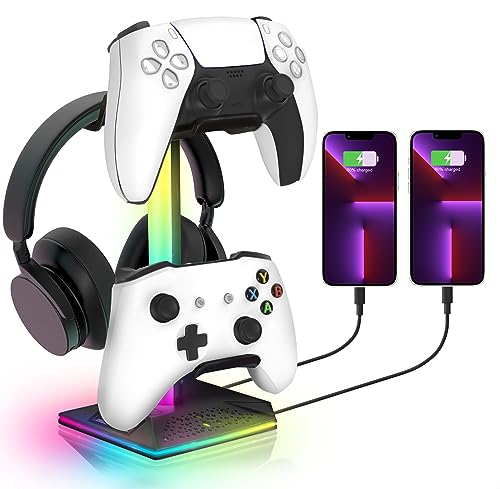 RGB Gaming Controller Holder, Headphone Stand With 2 USB Charging and 1 Type-C, Controller Stand with 10 Light Mode and Memory Feature, Universal Headset Stand Accessories for Desk Gamers