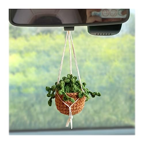 zipelo Crochet Cute Potted Plants, Car Rear View Mirror Accessories, Hanging Handmade Knitted Decor for Women Men, Woven Cute Charms Ornament Pendant, Car Accessories Interior Aesthetic (Coffee/Green)