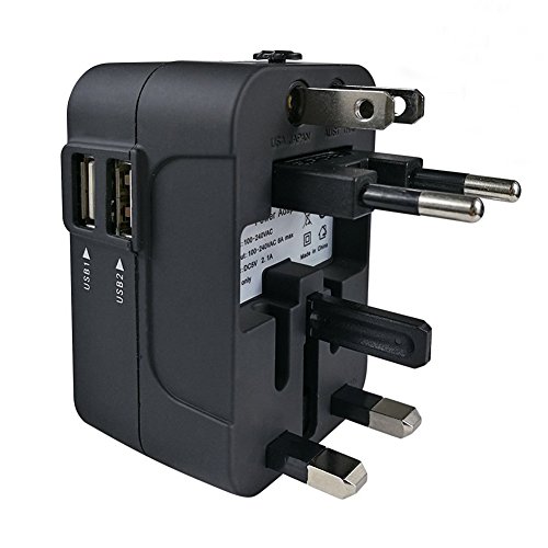 Travel Adapter, Worldwide All in One Universal Travel Adapter Wall Charger AC Power Plug Adapter with Dual USB Charging Ports for USA EU UK AUS, Cell Phone Laptop, Black