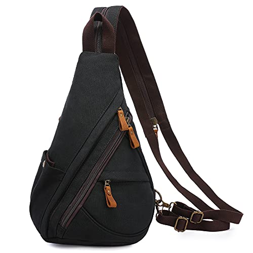 LOVEVOOK Sling Bag Canvas Crossbody Backpack Genuine Leather Shoulder Bag Casual Daypacks For Men Cycling Hiking Travel