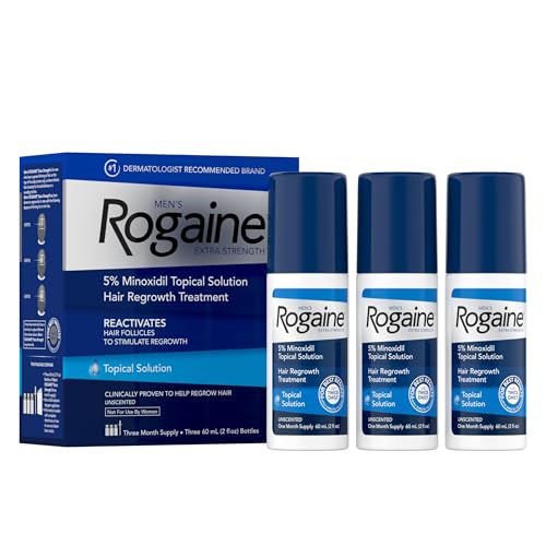 Rogaine Men's Extra Strength 5% Minoxidil Topical Solution for Thin Hair, Hair Loss Treatment to Regrow Fuller, Thicker Hair, 3-Month Supply, 3 x 2 fl. oz