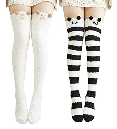 Wander G Womens Over Knee High Fuzzy Socks Cute Cartoon Thigh High Stockings Warm Stripe Leg Warmers