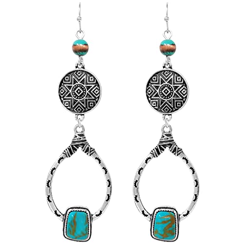 Rosemarie & Jubalee Women's Burnished Silver Tone Western Star Concho Teardrop Hoops With Howlite Stone Earrings, 3.30'