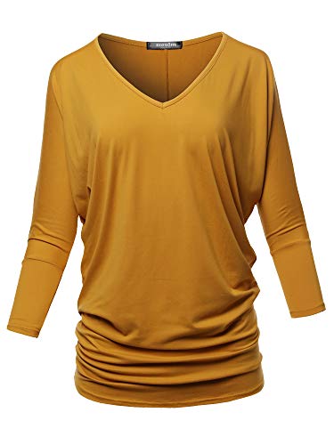 SSOULM Women's Loose Fit 3/4 Sleeve Drape Dolman Top with Plus Size Mustard 2XL