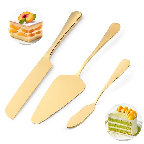 Wedding Cake Knife and Server Set, Little Cook 3PCS Cake Cutting Set for Wedding, includes 9.25' Cake Knife, 9' Cake Server and 6.7' Cake Pie Spatula, Stainless Steel Cake Cutter, Gold