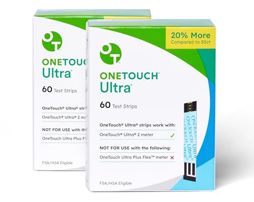 OneTouch Ultra Test Strips for Diabetes - 120 Count Diabetic Test Strips | Blood Sugar Test Strips for Blood Glucose Monitor Kit (2 Boxes, 60 Diabetes Test Strips Each)