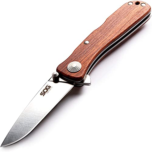 SOG Twitch ll Drop Point Pocket Knife - SOG Assisted Technology EDC Knife with 2.65 Inch Stainless Steel Blade and Wood Handle- Satin (TWI17-CP)