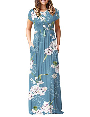 AUSELILY Women Short Sleeve Loose Print Floral Pleated Casual Long Maxi Dresses with Pockets (XL, Light Blue)