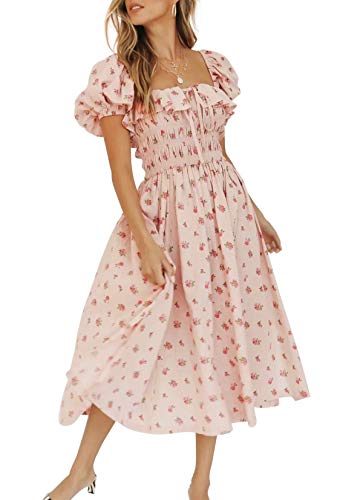 R.Vivimos Womens Summer Floral Print Puff Sleeves Vintage Ruffles Midi Dress (Small, Pink)