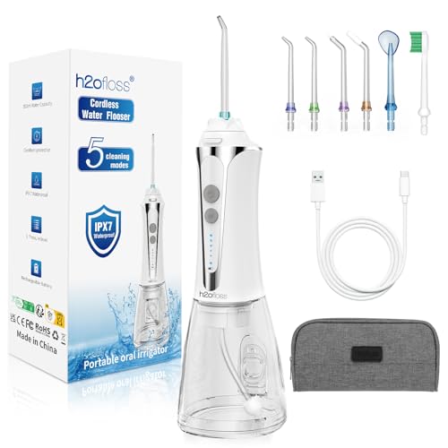 H2ofloss Water Dental Flosser Cordless, 300ML Rechargeable Oral Irrigator for Teeth Cleaning, Portable & IPX7 Waterproof Teeth Cleaner Pick for Braces Home Travel