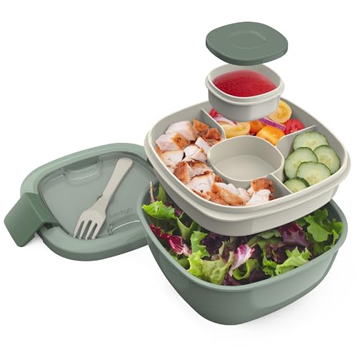Bentgo All-in-One Salad Container - Large Salad Bowl, Bento Box Tray, Leak-Proof Sauce Container, Airtight Lid, & Fork for Healthy Adult Lunches; BPA-Free & Dishwasher/Microwave Safe (Khaki Green)