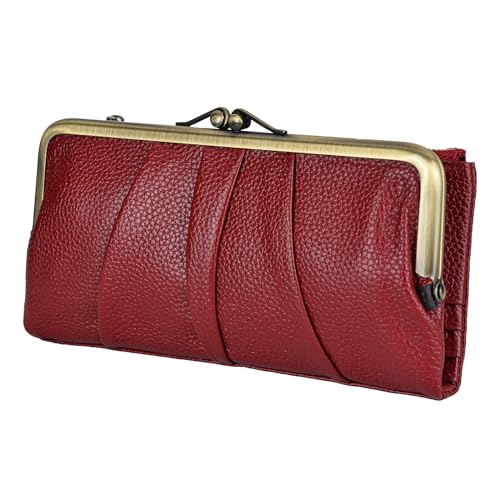 EASTNIGHTS Rfid Blocking Wallets for Women Leather Clutch Wallet Bifold Credit Card Holder Ladies Coin Purse with Zipper and Kiss Lock (Wine Red)