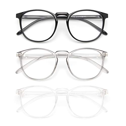 IBOANN 3 Pack Blue Light Blocking Glasses Women/Men, Round Fashion Retro Frame, Vintage Fake Eyeglasses with Clear Lens (Light Black & Tranparent & Grey)