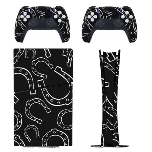 Black and White Horseshoes Compatible with PS5 Slim Console Skin and Controller Skins Set Full Skin Sticker Cover Compatible with PS5 Digital Edition