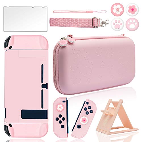 BRHE Cute Travel Carrying Case for Nintendo Switch Accessories Kit with Hard Protective Cover, Glass Screen Protector, Adjustable Stand and Thumb Grip Caps 10 in 1(Switch Pink)
