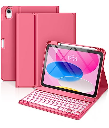 Hamile iPad 10th Generation Case with Keyboard 10.9 Inch - 7 Colors Backlit Wireless Detachable Folio Keyboard Cover with Pencil Holder for New iPad 10th Gen 2022 (Pink)