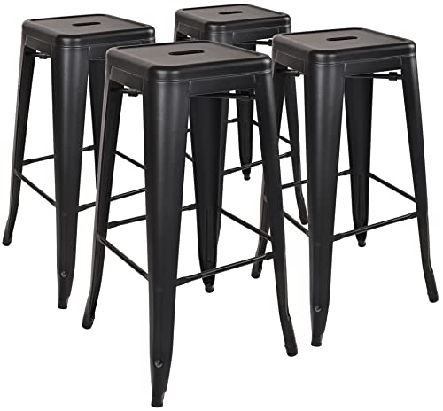 Signature 30 Inches Metal Bar Stools High Backless Stools Indoor Outdoor Stackable Kitchen Stools, Black, Set of 4