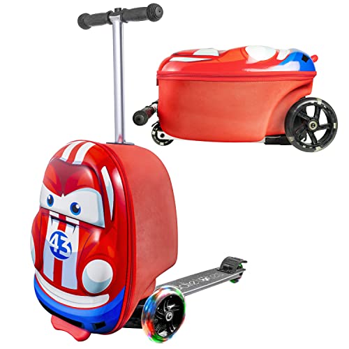 Kiddietotes 3-D Hardside Scooter Ride On Suitcase for Kids - Cute Lightweight Kids Luggage with Wheels - Fun LED Lights