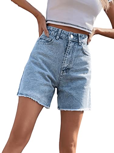 SweatyRocks Women's High Waist Denim Shorts Straight Leg Raw Hem Jean Shorts Summer Hot Pants with Pockets Wash Light XL