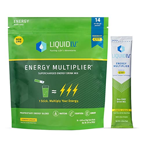 Liquid I.V. Hydration Multiplier +Energy - Lemon Ginger - Hydration Powder Packets | Electrolyte Powder Drink Mix | Convenient Single-Serving Sticks | Non-GMO | 1 Pack (14 Servings)