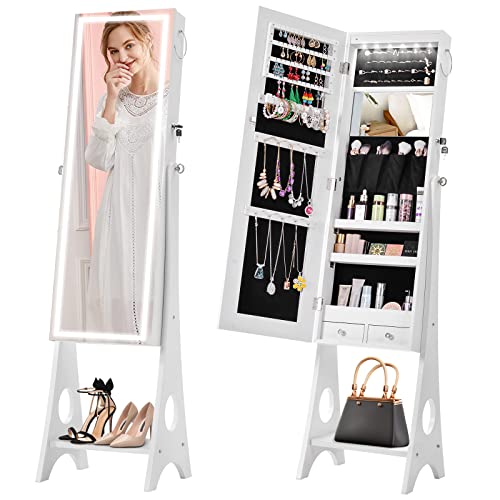 BOSTANA 6 Led Jewelry Cabinet Mirror Standing, Jewelry Organizer Touch LED Control & 4 Adjustable Angle,Full Length Mirror Jewelry Armoire For Women With Storage Rack For Livingroom