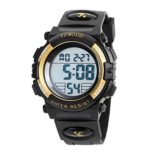 YFWOOD Kids Digital Watch,Waterproof Outdoor Watches, Children Casual Electronic Analog Quartz Wrist Watches with Silicone Band Luminous Alarm Stopwatch for Boys -Gold