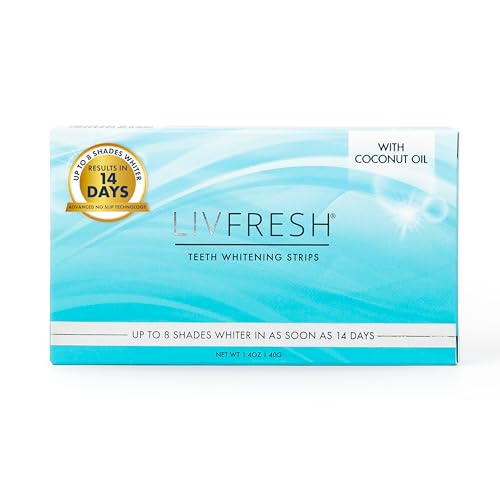 LIVFRESH Teeth Whitening Strips, Results in 14 Days, Cleans Teeth & Reduces Plaque, Enamel Safe, for Sensitive Teeth, Uses Coconut Oil & Hydrogen Peroxide, No Slip Teeth Whitener, 14 Treatments