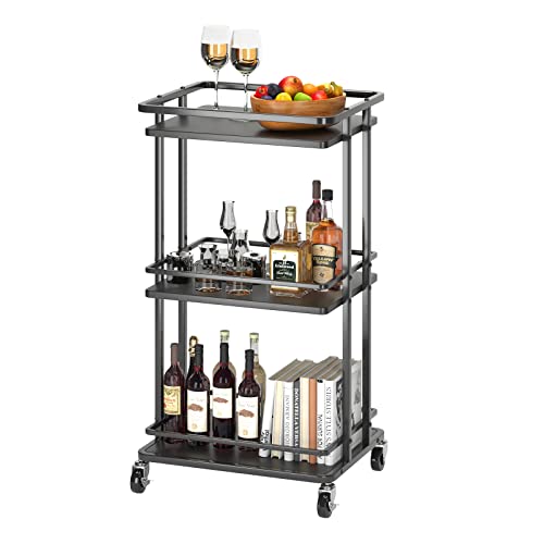 XYZLVSI 3-Tier Rolling Serving Bar Cart, Wood and Metal Kitchen Island Storage Cart with Wheels, Multifunction Utility Cart Storage Rack for Home, Kitchen, Bar, Dinning Room, Living Room (Black)