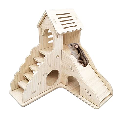Sirvarni Hamster Hideout Cage Accessories - Hamster House and Habitat Wooden Hide Hut with Climbing Ladder and Slide for Dwarf Gerbils and Mouse Mice Rat Other Small Animals etc.