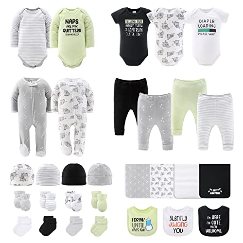 The Peanutshell Newborn Clothes & Accessories Set | 30 Piece Layette Gift Set | Fits Newborn to 3 Months | Elephant & Funny Sayings