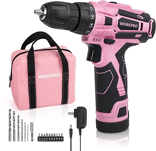 WORKPRO Pink Cordless Drill Driver Set, 12V Electric Screwdriver Driver Tool Kit, 3/8' Keyless Chuck, Charger and Storage Bag Included - Pink Ribbon