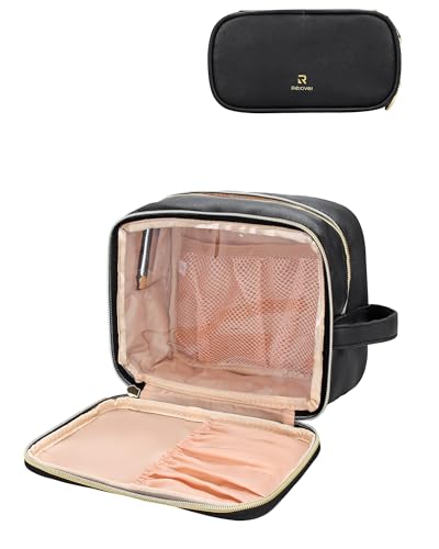 MONSTINA Travel Makeup Bag,Double Layer Toiletry Organizer Women Makeup Brush Bag Cosmetic Case Portable Large Wide-open Pouch Brush Holder Purse Bag(Black PU)