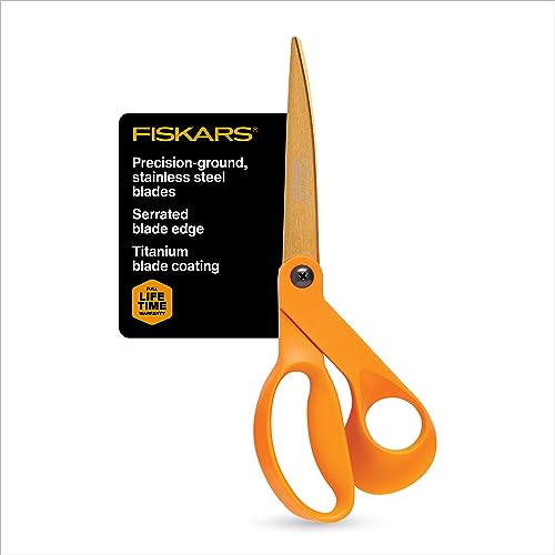 Fiskars Titanium Shop Shears - 9' All Purpose Serrated Scissors - Yard and Garden Tools - Orange