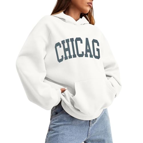 YFJRBR buy again orders Chicago Hoodies for Women Cozy Sweatshirt Y2K Crewneck Long Sleeve Pullover Oversized Hoodie with Pockets (White, XXL)