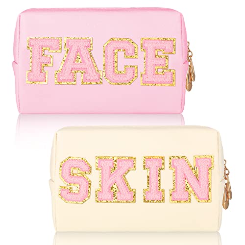 2 Pcs Preppy Patch Makeup Bag Waterproof Chenille Letter Cosmetic Bag Portable Toiletry Bag Zipper Pouch Travel Organizer for Women Girls (PU Leather, Fresh Style)