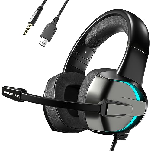 Gaming Headset 50mm Drivers 7.1 Stereo Surround Sound Noise Canceling Mic 3.5mm Audio Jack & Seven-Color LED Light for PS4 PC Xbox One PS5 Controller Laptop Mac Nintendo NES Games