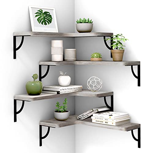 Canupdog Corner Floating Shelf Wall Mount 4 Tier Wood Floating Shelves, Easy-to-Assemble Tiered Wall Storage, Wall Organizer for Bedrooms, Bathrooms, Kitchens, Offices (Rustic White)